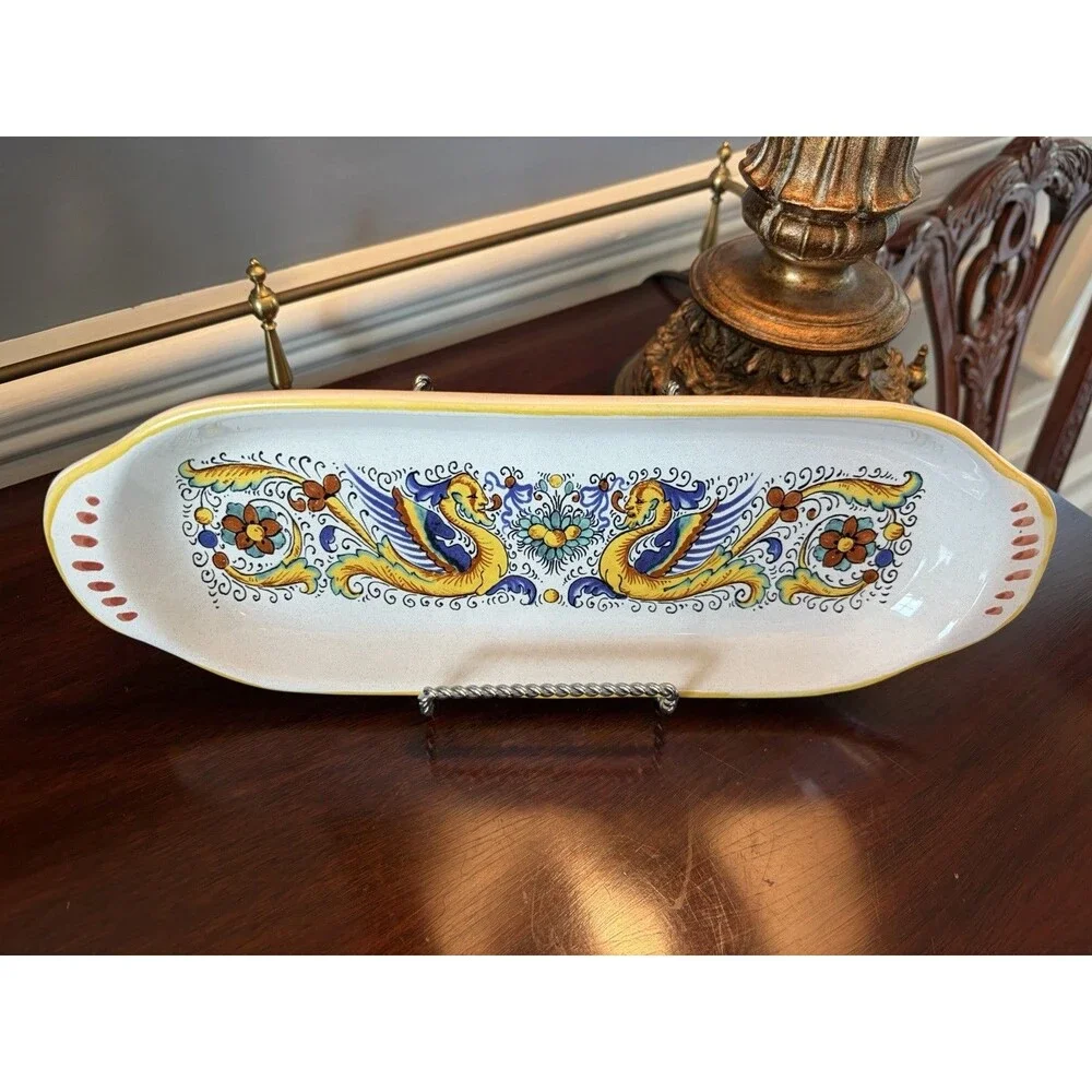 Nova Deruta Italian Raffaellesco Pottery Serving Plate Dish Tray Dragons-15”x5.5